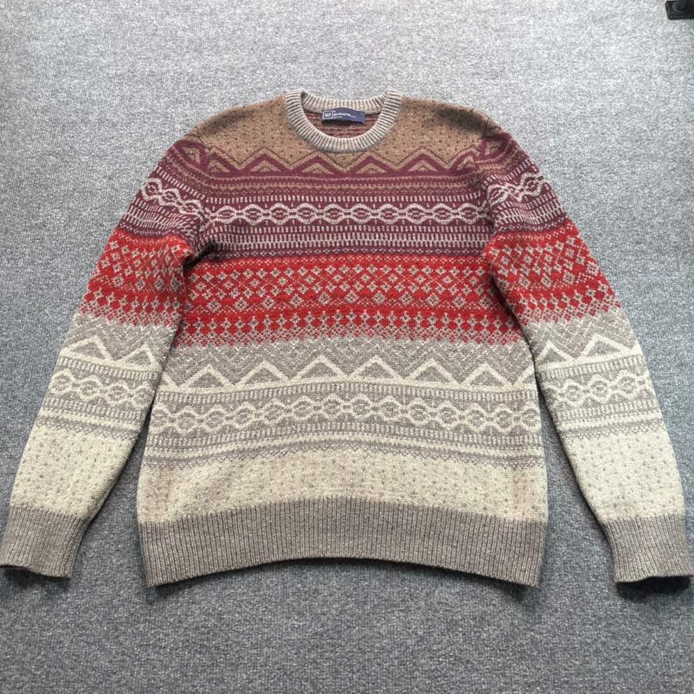 Gap Sweater Mens Medium Multi Color Fair Isle Lambswool Blend Crew Neck